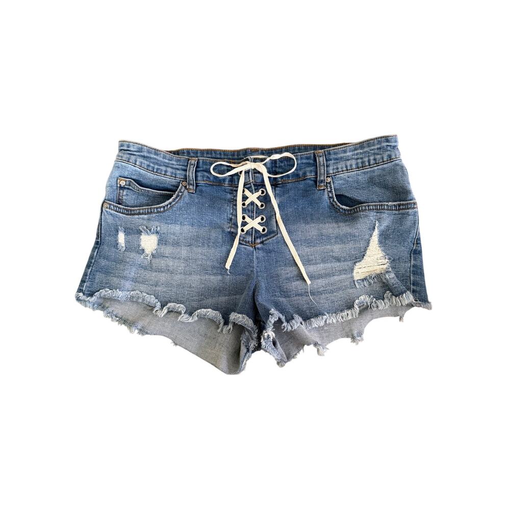 BILLABONG Lace-Up Distressed Denim Shorts | Size 29 | Light Wash Cut-Off